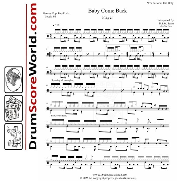 Player - Baby Come Back - Drum Sheet